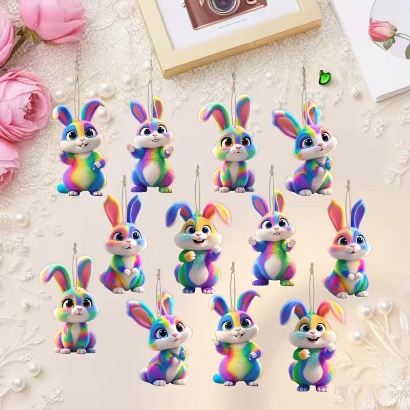 6PCS 2D flat wooden Easter bunny with a cute colorful design, featuring a wooden interior and pastoral hanging decorations