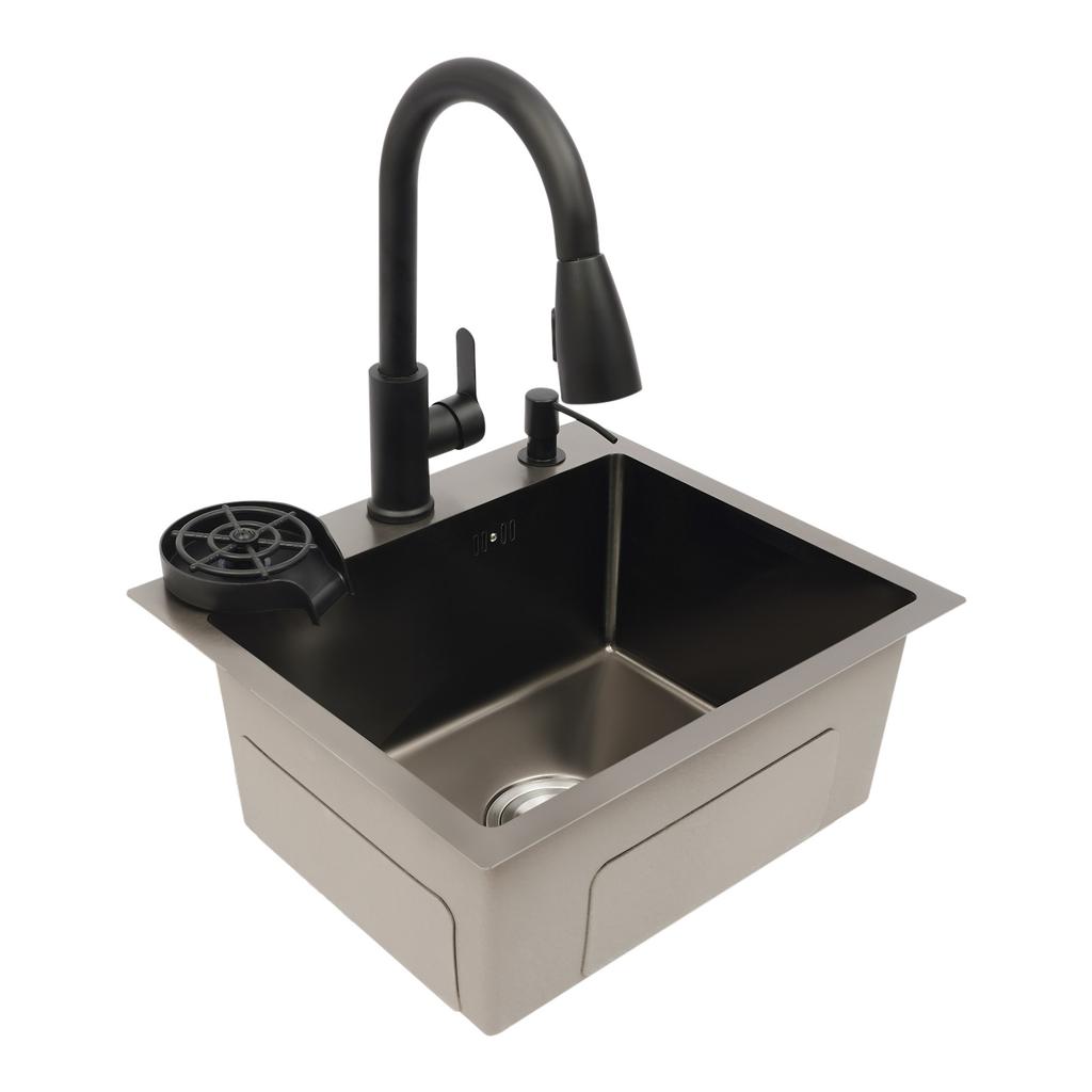 Multi-Functional 201 Stainless Steel Kitchen Sink – Pull-Out Faucet, Cup Rinser, Drain Basket & Soap Dispenser Included – Gun-Grey – 45 x 40 cm