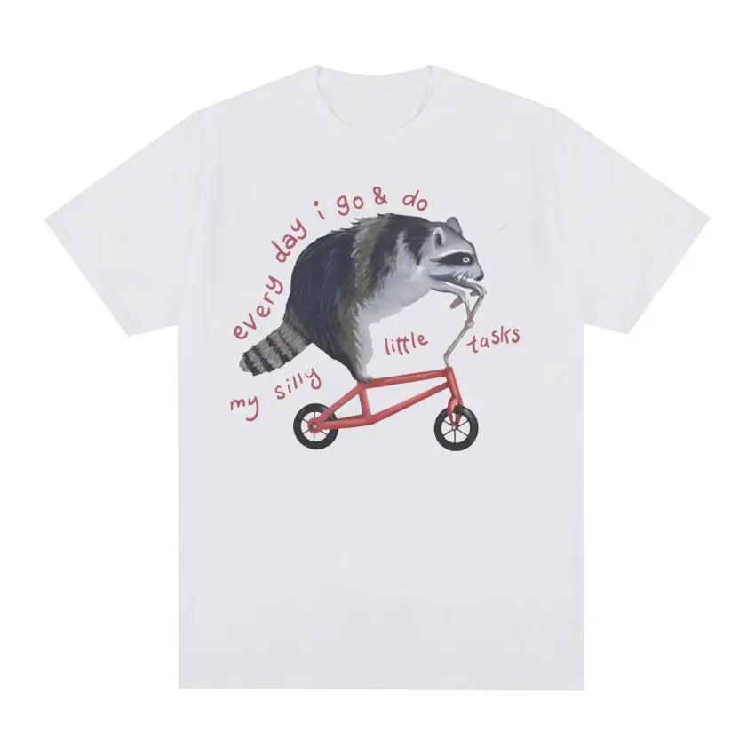 Funny Raccoon on Bicycle Meme T Shirts Men Women's Casual Vintage Cartoon T Shirt Summer Cotton Humor Short Sleeve T-shirts Tops