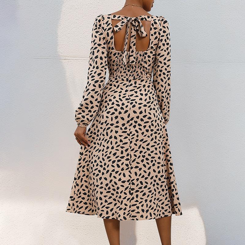 Весенне-осеннее женское платье с леопардовым принтом и длинными рукавами через границу