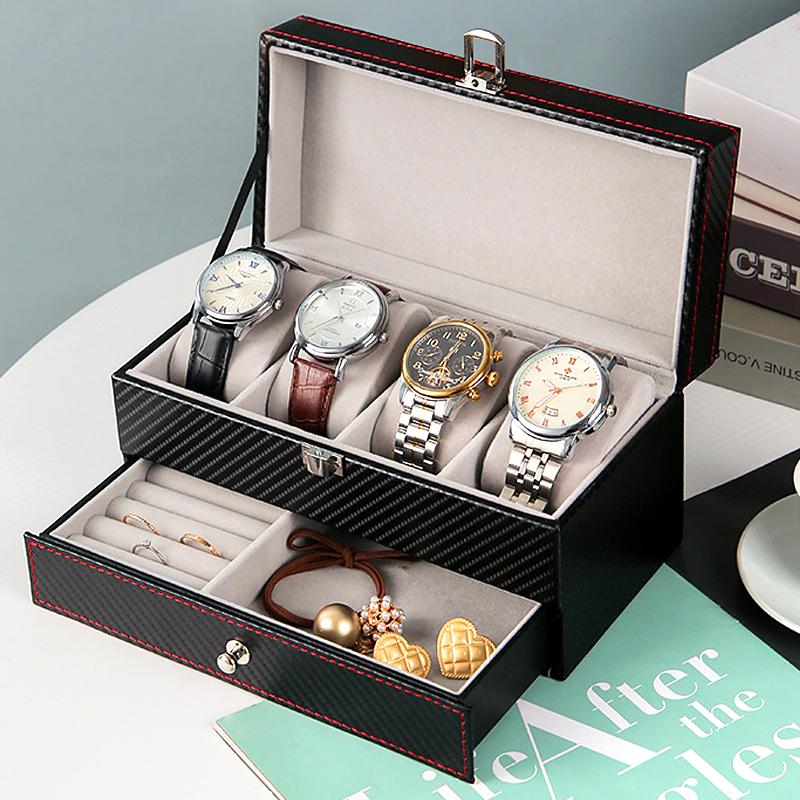 2-уровневый 4-слотовый ящик для хранения часов для мужчин и женщин, органайзер для часов из искусственной кожи, витрина для ювелирных изделий, органайзер с ящиком для ювелирных изделий
