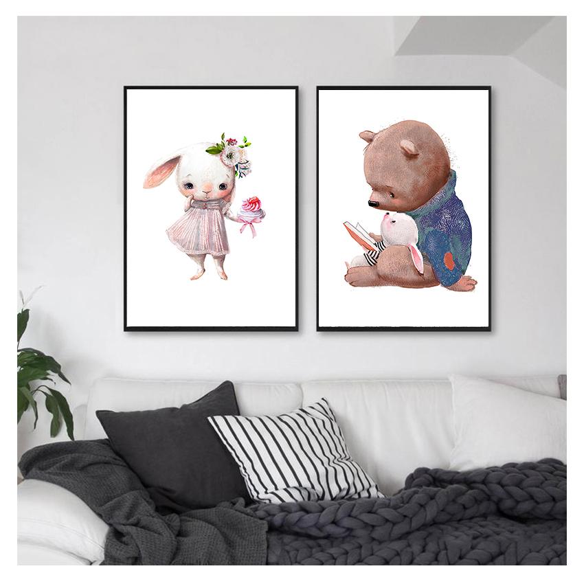 Медведь, настенная живопись на холсте, плакаты на скандинавскую тему и принты, настенные панно, декор для детской комнаты, цветок, кролик, друг, объятие, лиса, мышь