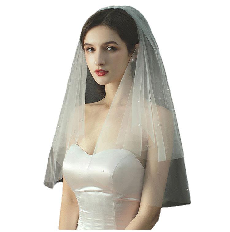 Mori-Style High-End Double Layer Pearl Bridal Veil - Super Fairy White Wedding Headdress
