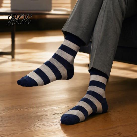 Essential Basic Trouser Socks 1 Pair Men's Stripe Crew Socks, Mid-Calf Dress for Business, Comfortable Business Casual Breathable Cotton with