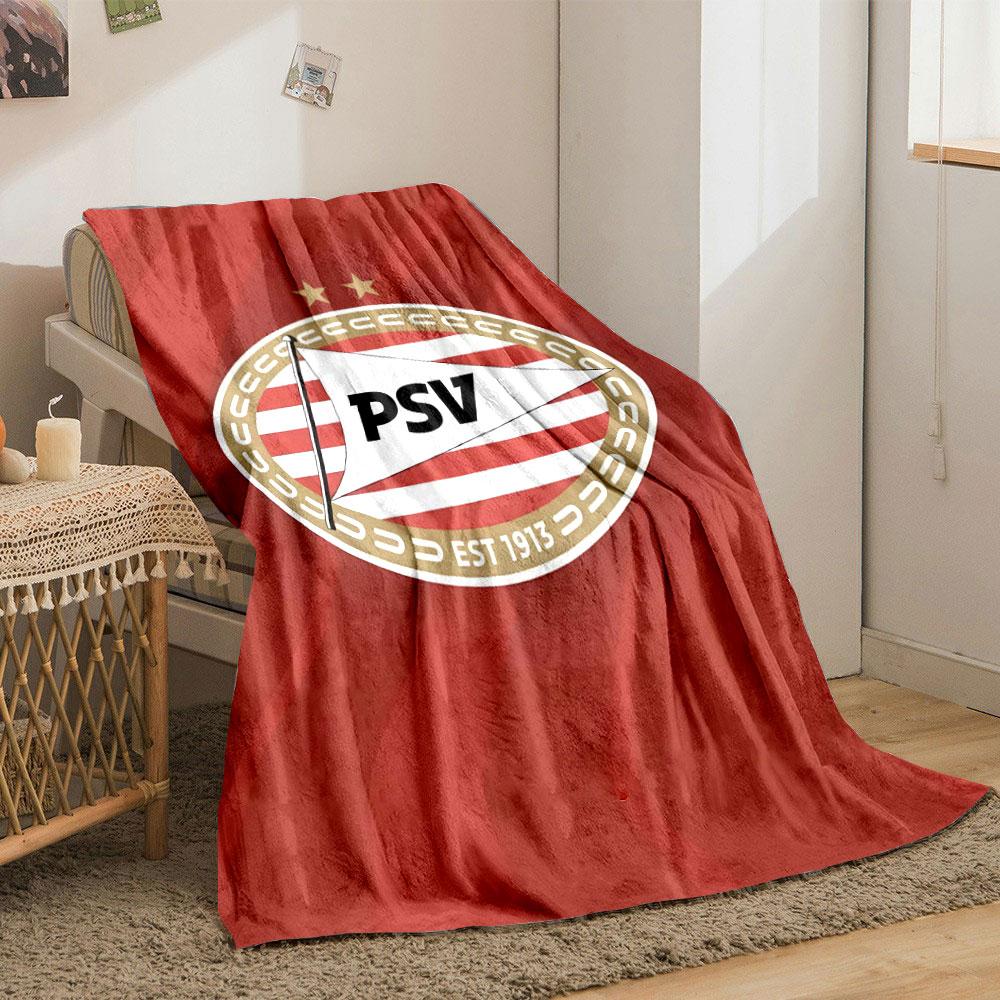 A PSV logo with a striped oval, two stars, and a triangle flag design. for all seasons blanket lunch break throw gift