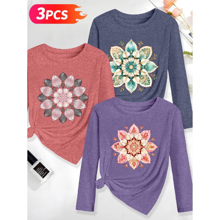 Lele Orientation Three-piece women's long-sleeve set Symmetrical mandala floral geometric ethnic style watercolor vintage print Spring, Summer,