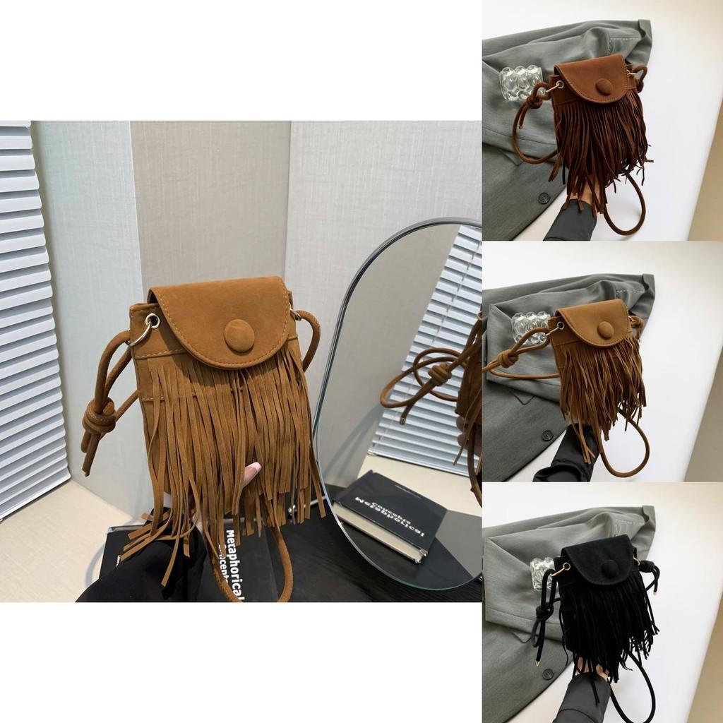 Vintage Style Suede Crossbody Bag For Women With Trendy Fringe Design In Black Brown And Tan