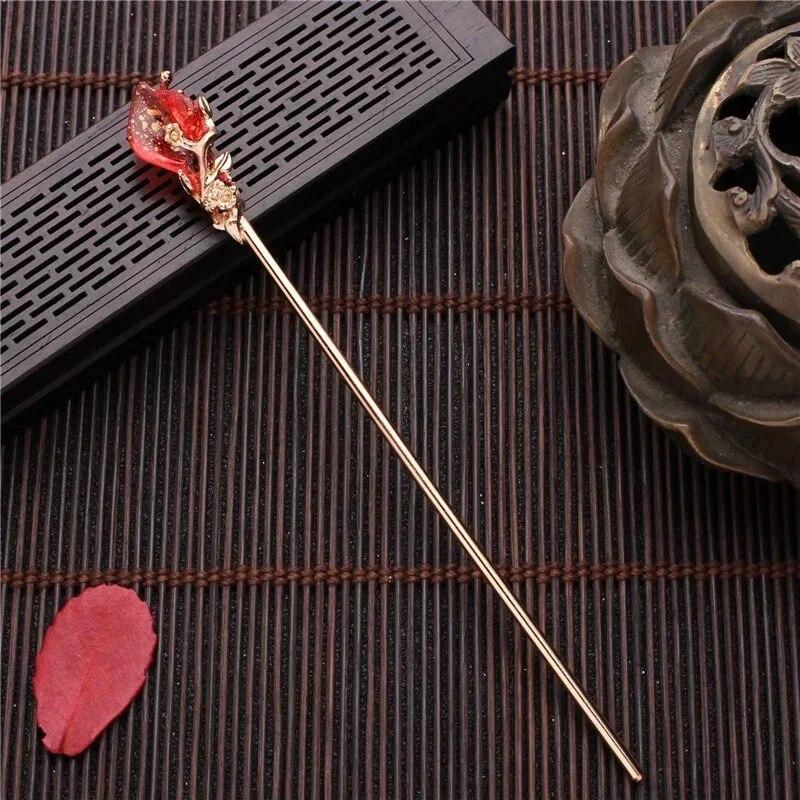 Chinese Style Vintage Hair Chopsticks Hairpins Women Elegant Hair Stick Korean Metal Glaze Woman Hair Clip Accessories Jewelry