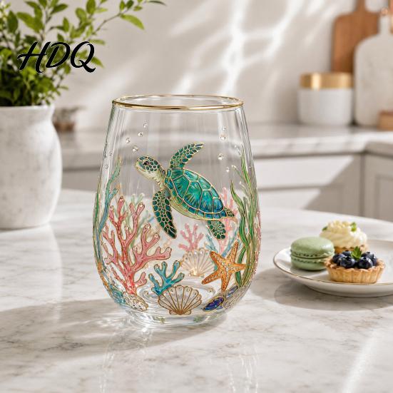 Unique Painted Tea Cup Sea Turtle Glass Tumbler Ocean Theme Drinking Mug Borosilicate Stemless Coffee Mug for Juice Beach Gift Nature Lovers Juice