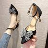 Rimocy Ankle Strap Shiny Bowknot Pumps Women Pointed Toe Fabric High Heels Shoes Ladies Sexy Thin Heeled Crystal Party Shoes