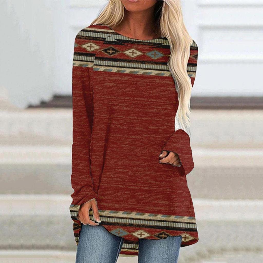 Женская мода Повседневный топ с длинным рукавом в стиле ретро в стиле бохо с длинным рукавом и этническим принтом