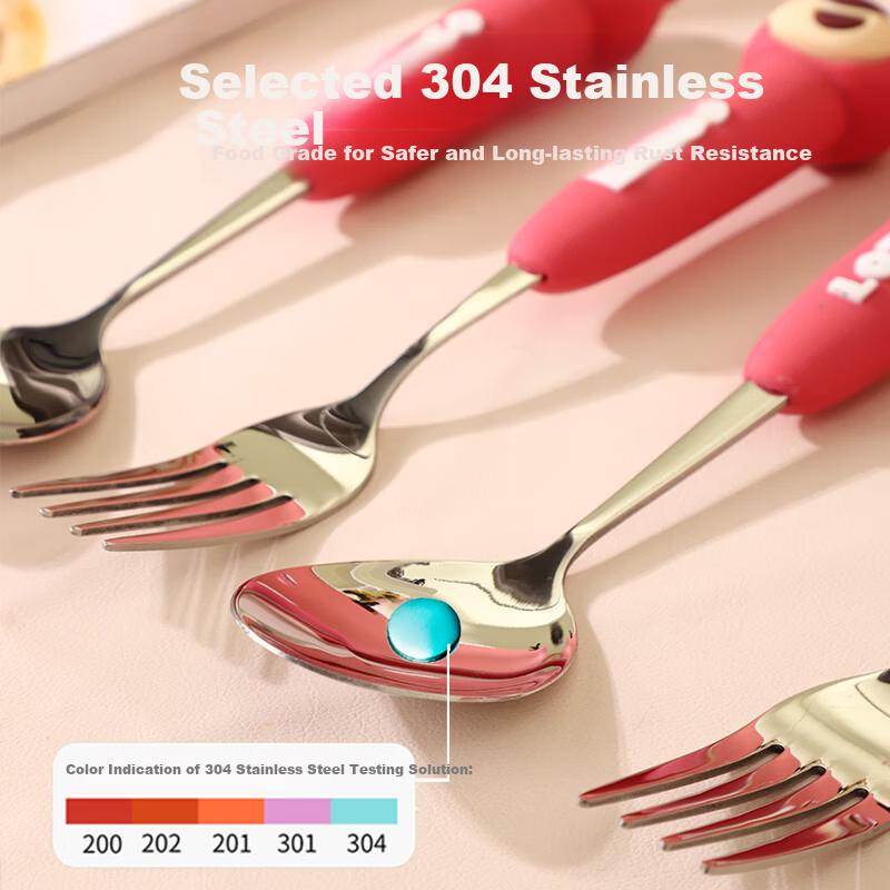 CORN Kids Fork and Spoon Set 2026 New Strawberry Bear Design Stainless Steel Soup Spoon for Elementary School Students Household Small Soup Spoon