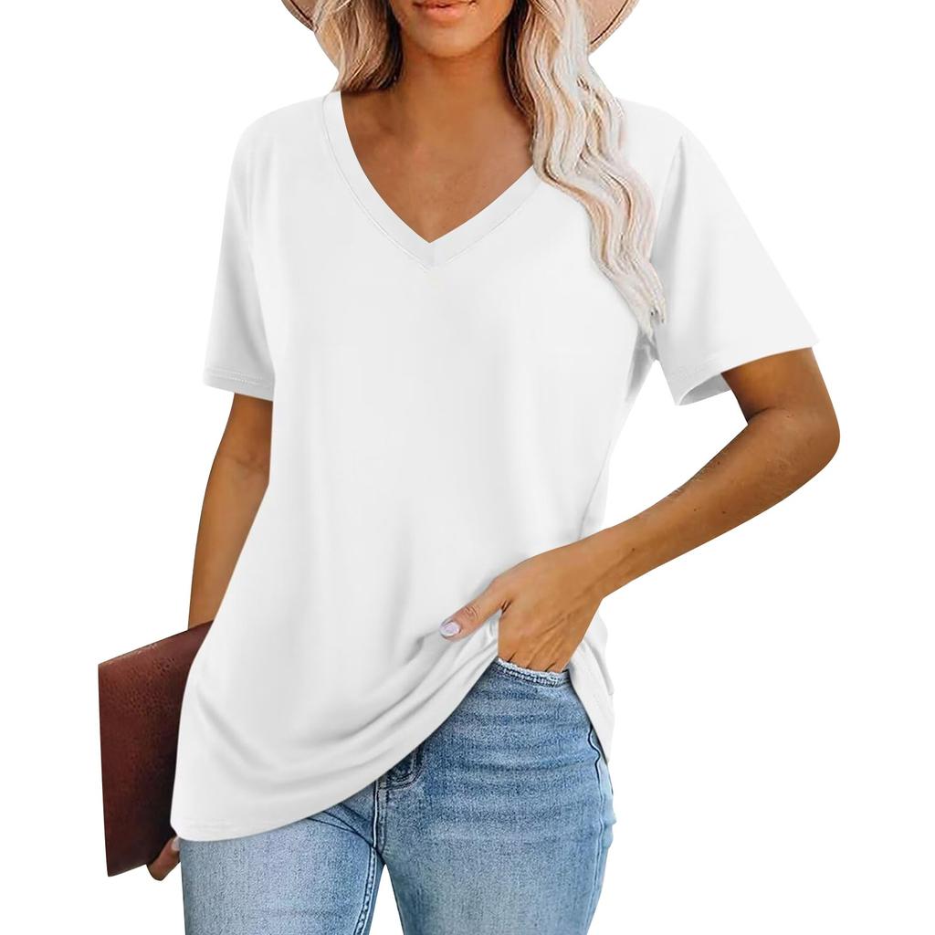 Women's Fashion V-Neck Classic Loose Solid Color Casual Short Sleeve T-Shirt