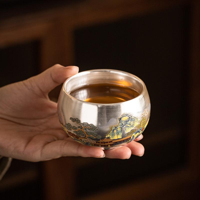 Чайная чашка в стиле «шинуазри», серебряная 999 пробы, одинарная чайная чашка в стиле «шинуазри», серебряная позолоченная, керамическая чайная чашка в стиле кунг-фу, большая подарочная чашка для высокого столика