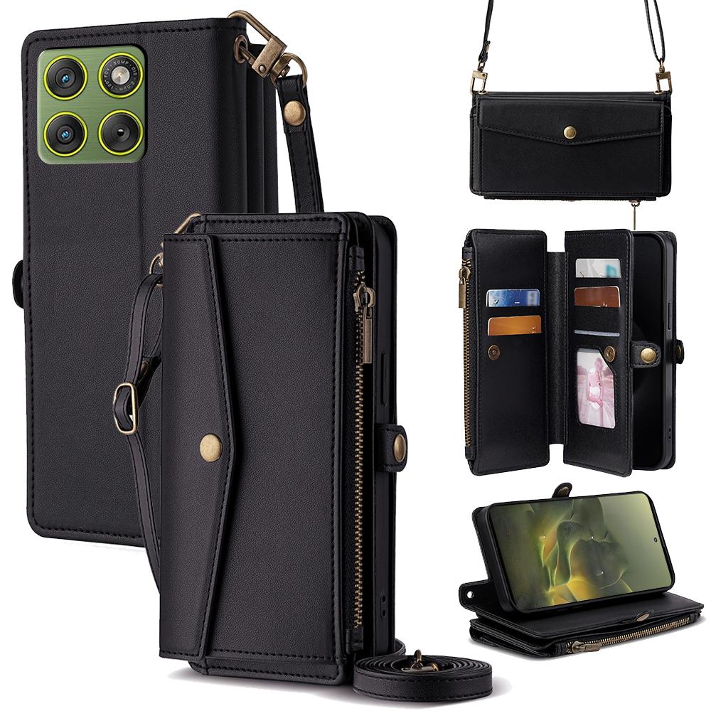 Чехол для Motorola Edge 70 5G с отделениями для карт, кошельком на молнии, из ПУ-кожи, с плечевым ремнем