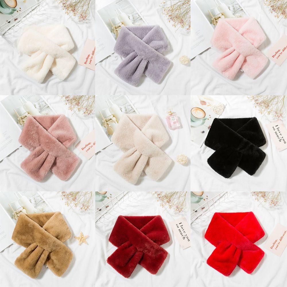 Elegant Winter Warm Faux Rabbit Fur Plush Neckerchief Wrap Neck Warmer Solid Color Cross Scarf