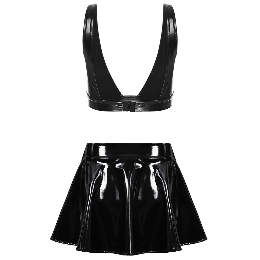 Женский сексуальный бюстгальтер из лакированной кожи из 2 предметов с расклешенными мини-юбками, комплекты клубной одежды для вечеринок Rave Dance