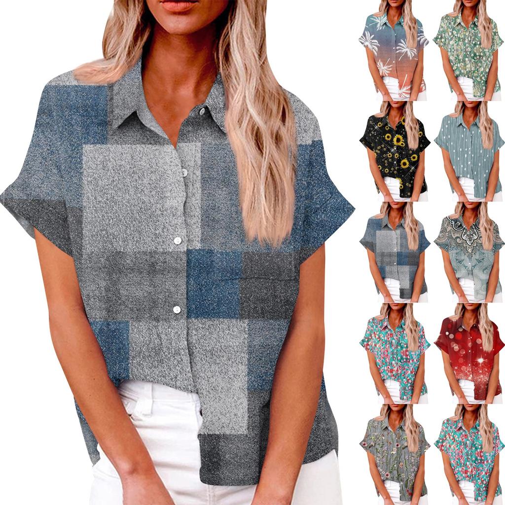 Женская свободная повседневная рубашка с короткими рукавами и отворотом с цифровым принтом и карманом