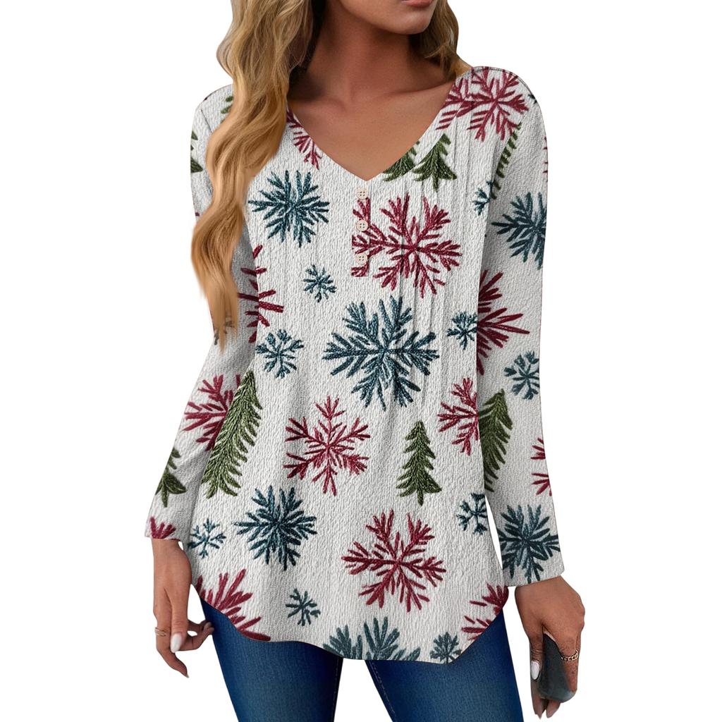 Women's Fashion Casual Christmas Tree Print V-Neck Decorative Button Long Sleeve T-Shirt Top