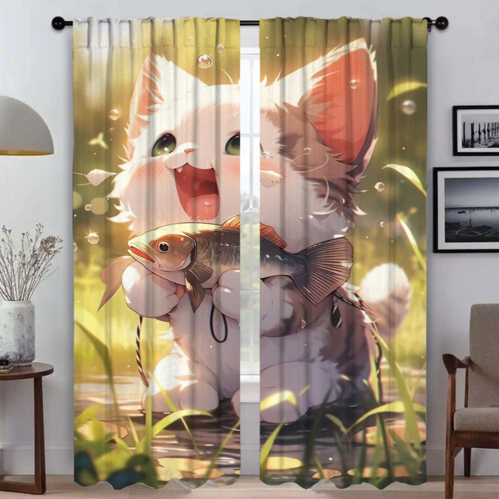 Anti-mosquito Curtains for Camera Cute Cartoon Cat Curtains Child Room Window Curtain for Room 2 Panel Partition Shades Living
