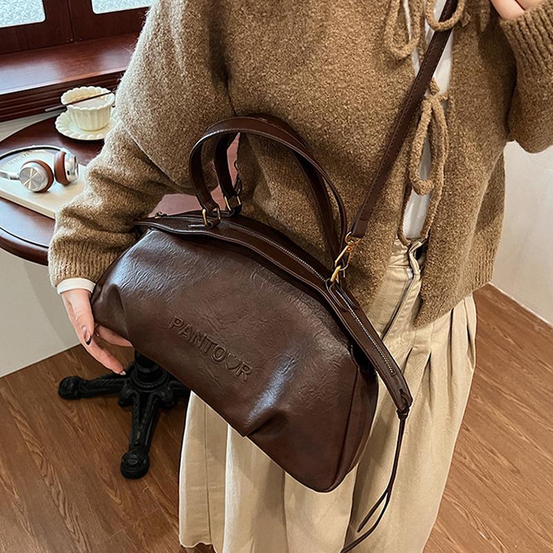 Осень Зима Женская Сумка Большая Вместимость Сумка Боулинг Повседневная Сумка Через Плечо Винтажный Стиль Коричневая Кожаная Сумка CLE