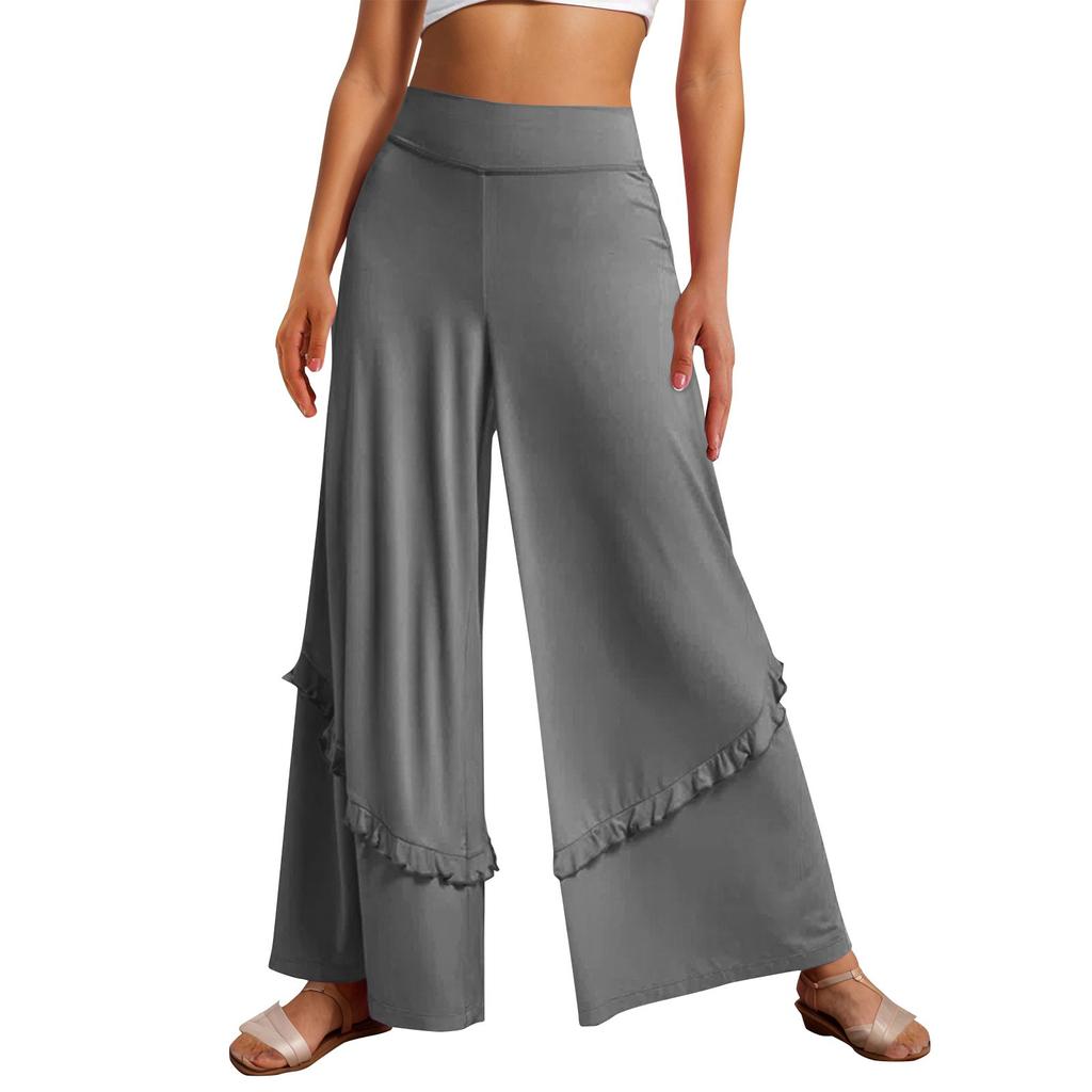 Женские однотонные свободные талии с рюшами, струящиеся широкие повседневные брюки, широкие брюки