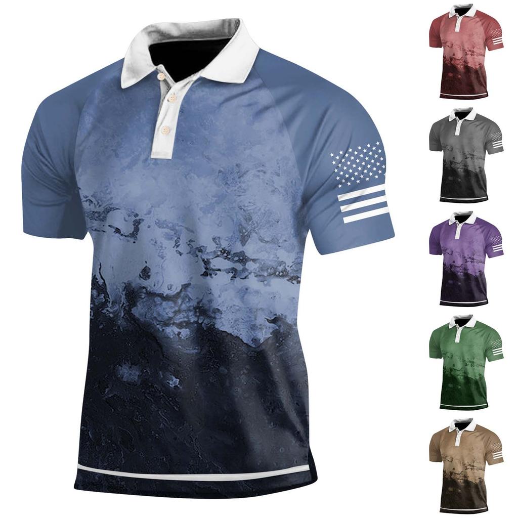 Men's Three Button Printed Lapel Short Sleeve Shirt Top