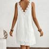 A-line Summer Casual Skirt Embroidery Mid Dress Fashion V-Neck Lace Dress  Beach Vacation