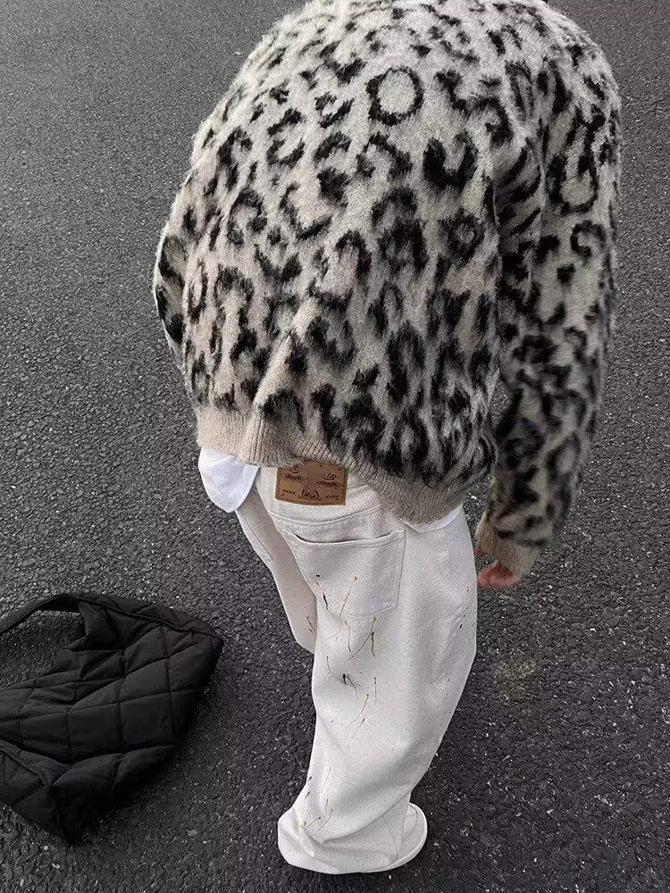 Мужской ретро-свитер с леопардовым принтом - Высококачественный вязаный свитер в стиле колор-блок