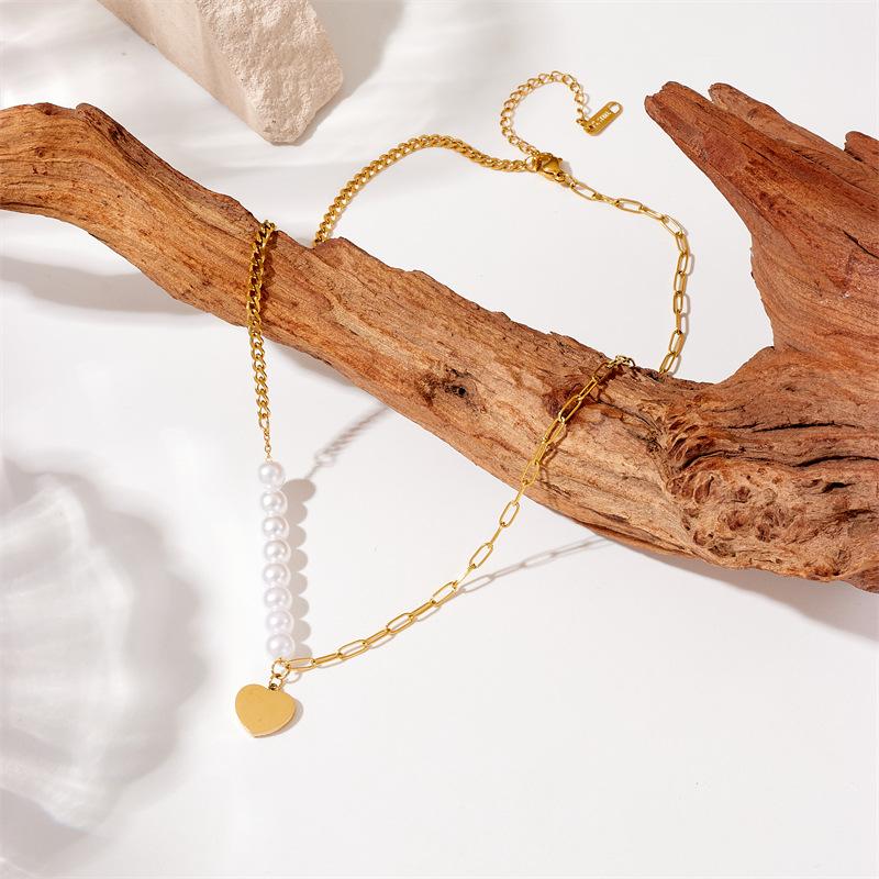 Gold Plated Stainless Steel Pearl and Heart Pendant Necklace for Women