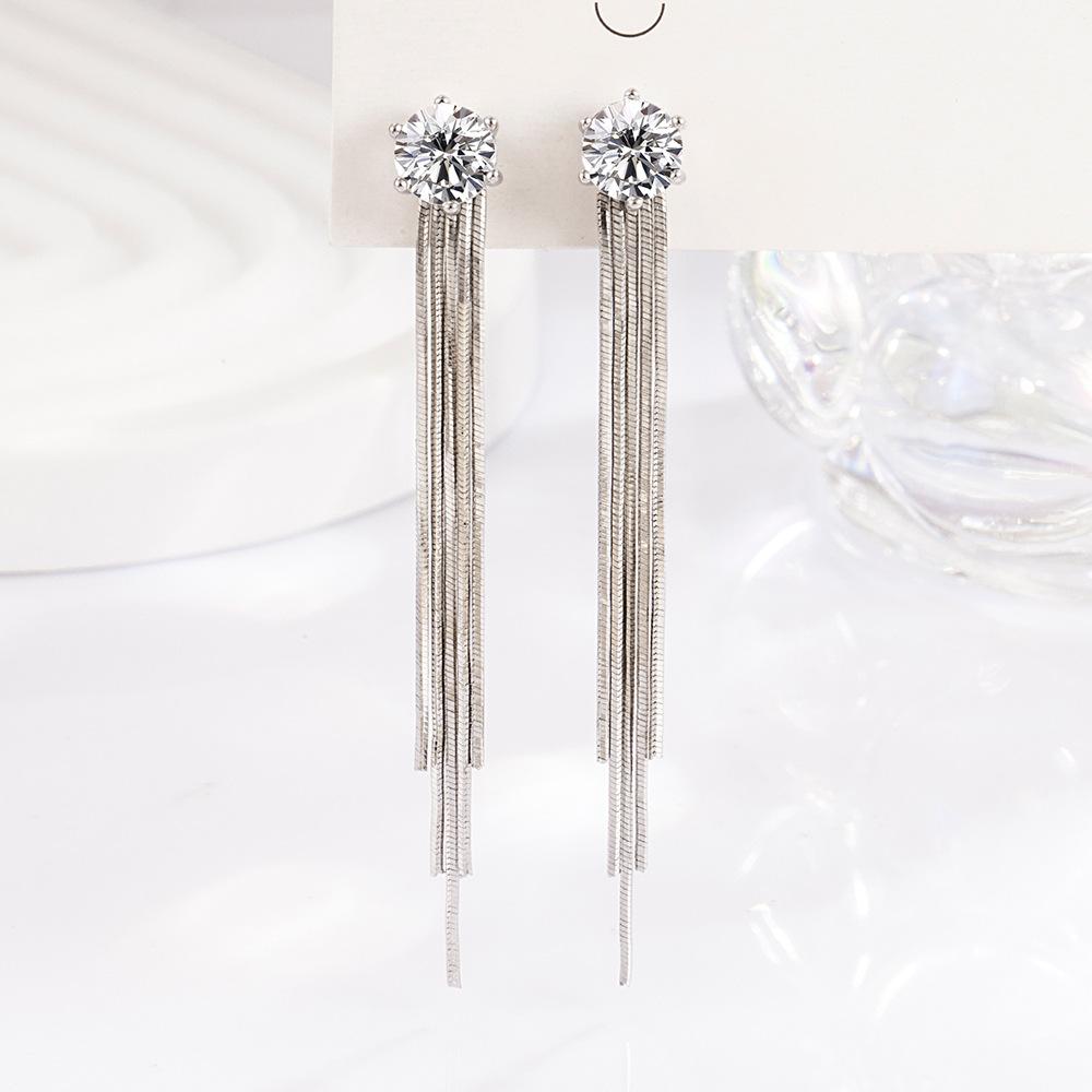 Atmospheric Light Luxury Fashion Diamond-inlaid Long Fringed Earrings Femininity Single Product Trend Single Product