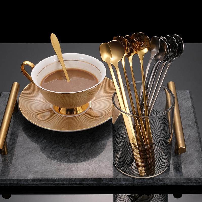 Ложка для смешивания чая и кофе из нержавеющей стали Sakura Rose Golden Tableware Long Handle Cutter Mug Spoons Kitchen Cutlery Accessories