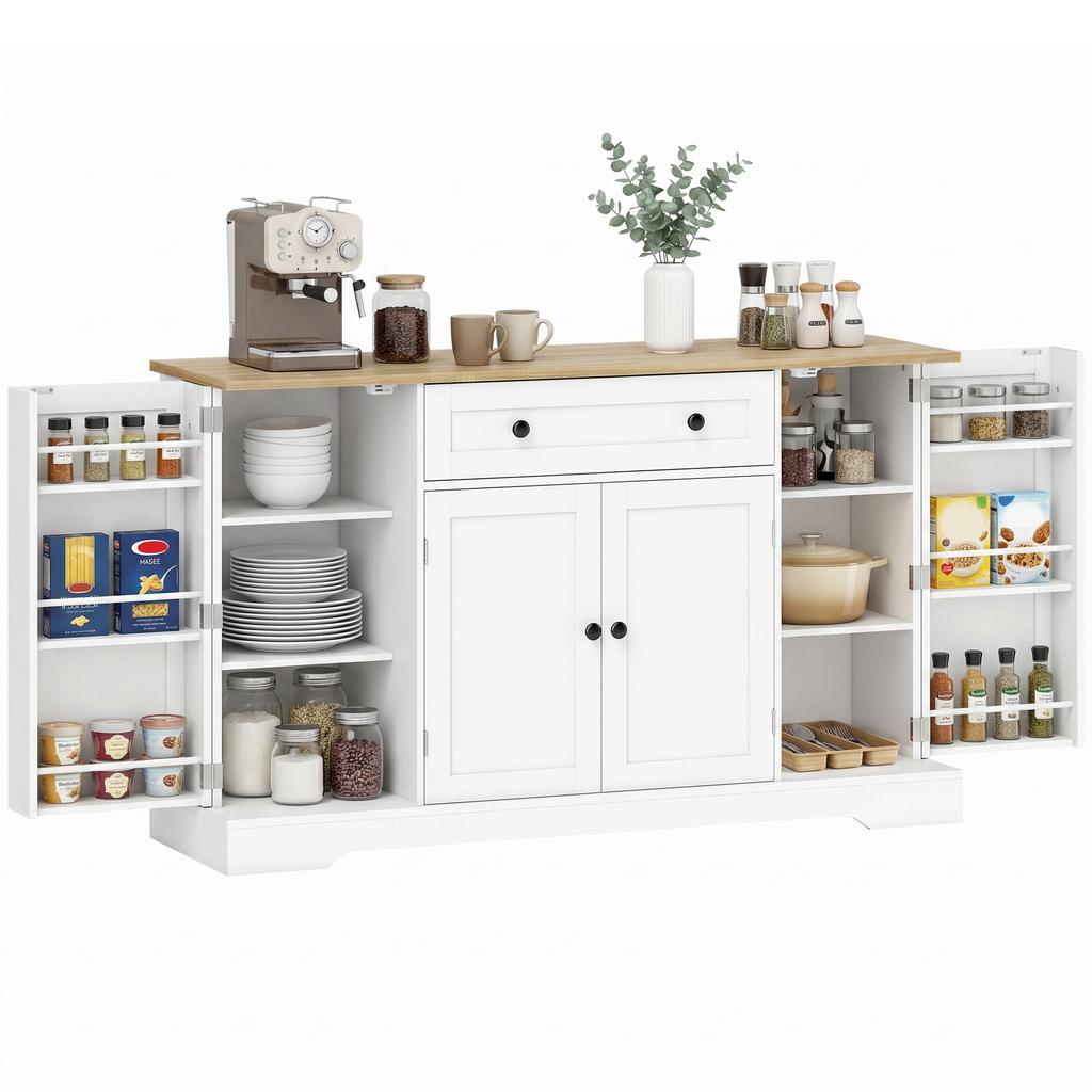 Sideboard Kitchen Cabinet with 4 Doors, Drawer, Adjustable Shelf, Door Shelves for Kitchen, Dining Room, 138x40x85cm, White