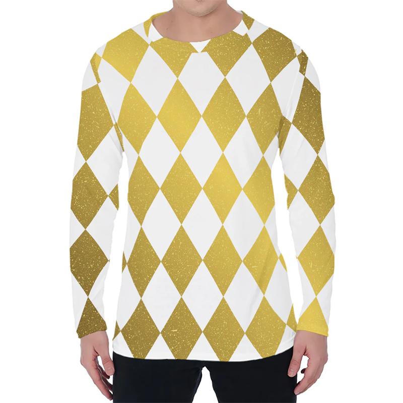 Simple Argyle Pattern Men's T-shirts Fashion Casual 3D Printed Long Sleeve T-shirts Loose Round Neck Streetwear Pullovers