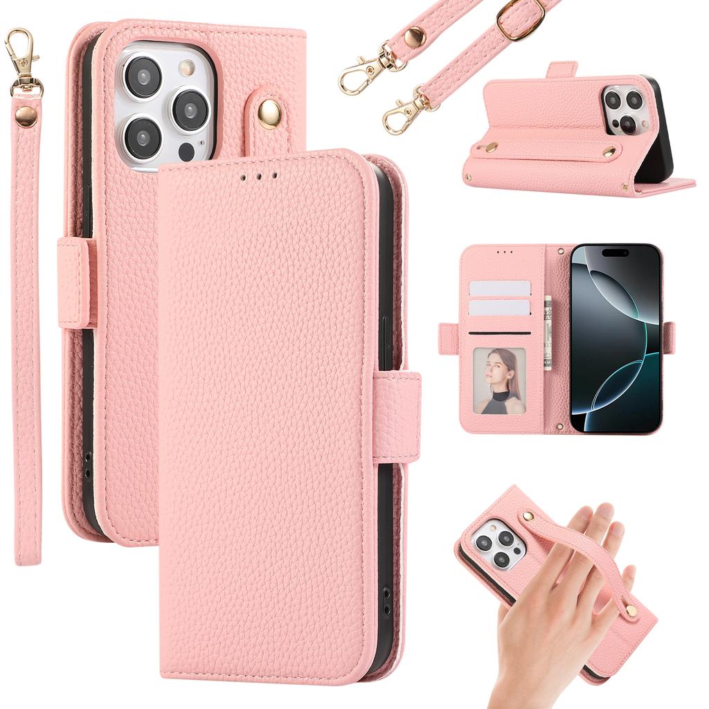 For iPhone 15 Pro Max Leather Case with Card Holder,Straps,Shockproof Wallet Phone Cover