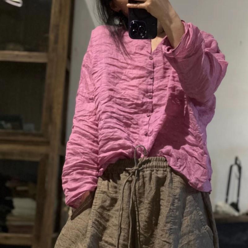 Johnature Женские винтажные рубашки рами, футболки, осенние блузки с круглым вырезом и длинными рукавами, свободные однотонные рубашки высокого качества