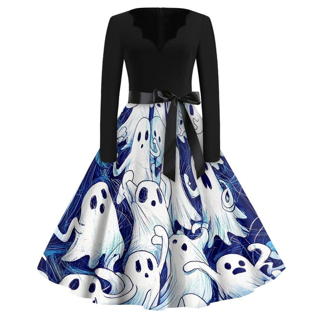 Women Casual Halloween Print V Neck Vintage Dress Long Sleeve Retro Style A Line Skater Dress with Waist Tie for Seasonal Events