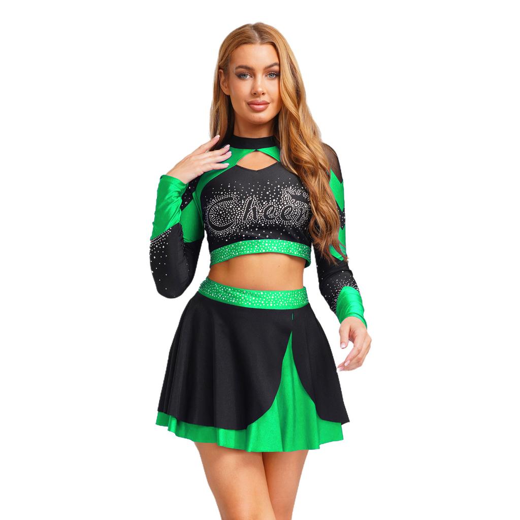Комплект из 2 предметов: форма для танцев и черлидинга для женщин S-XXL: Привлекающий внимание топ со стразами и контрастная юбка для сцены или Хэллоуина