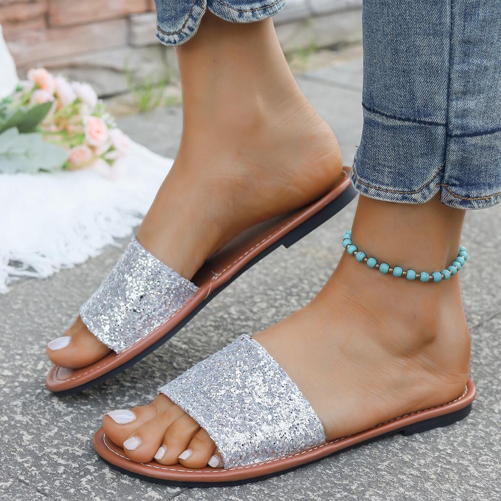 Лето 2025 новые женские шлепанцы на плоской подошве с пайетками, мягкой подошве, удобные, повседневные, больших размеров 36-43, для внешней торговли