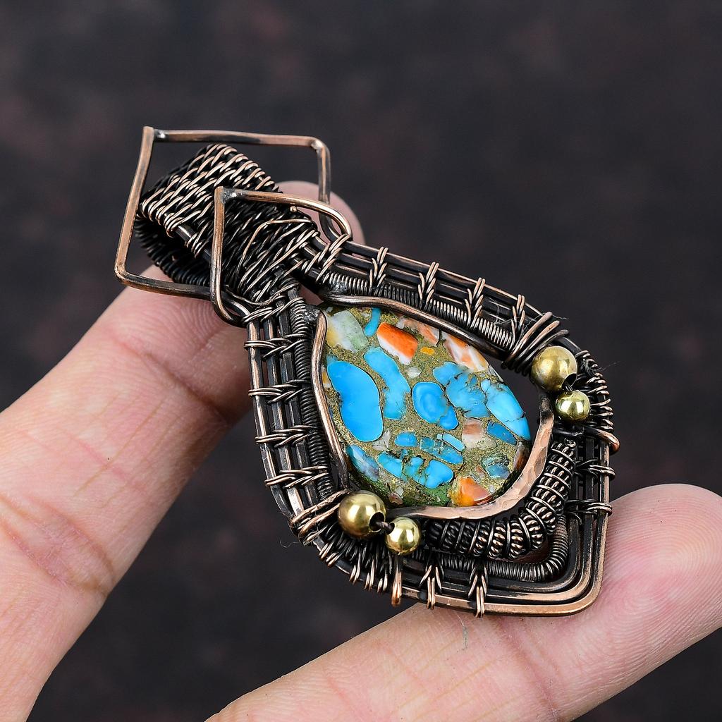 Колючая устрица, медная бирюзовая подвеска, медная проволока, обернутая подвеской с драгоценным камнем, дизайнерская подвеска, медная проволока ручной работы, ювелирный подарок для нее