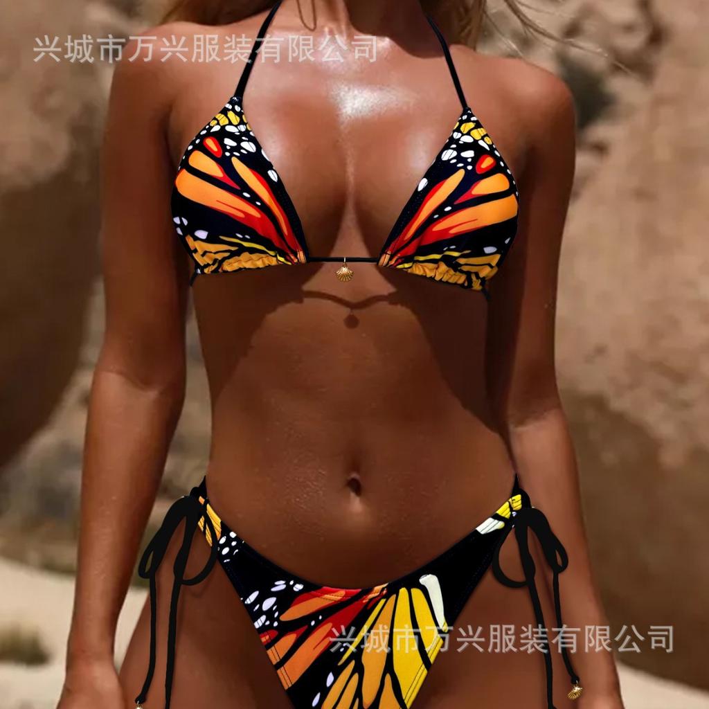 Fashion sexy bikini vacation butterfly print tie bikini three-point new swimsuit women