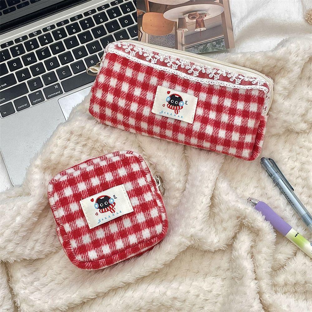 Plush Plaid Storage Bag Cute Stationery Storage Pouch Office/School Supplies