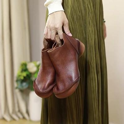 Винтажные удобные короткие ботинки на мягкой подошве, женские туфли из натуральной кожи с круглым носком на низком каблуке