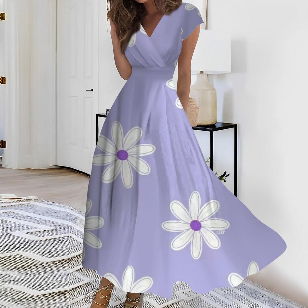 Женское длинное повседневное платье. Летнее платье с короткими рукавами и v-образным вырезом на талии с принтом.
