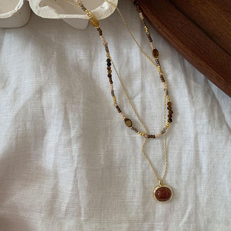 Niche Retro Tiger'S Eye Stone Beaded Stacked Necklace Female Maillard Unique Personality Fashion Versatile Neck Chain Sweater Chain