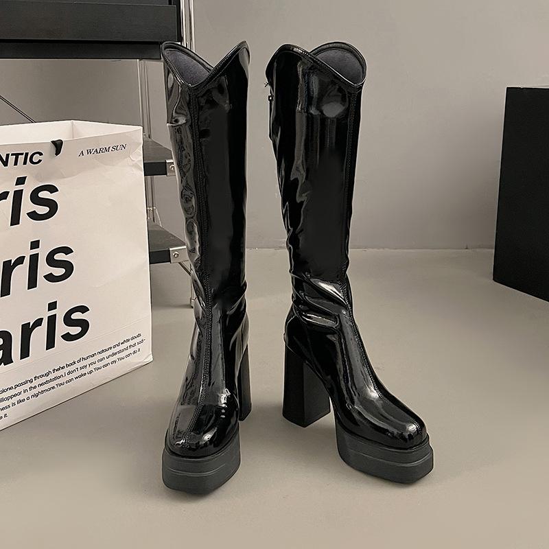 Модные женские сапоги Модные Удобные Черные Белые Сапоги до колена Мягкая кожа Массивный каблук Длинные сапоги Элегантные женские Ретро сапоги Botas Mujer