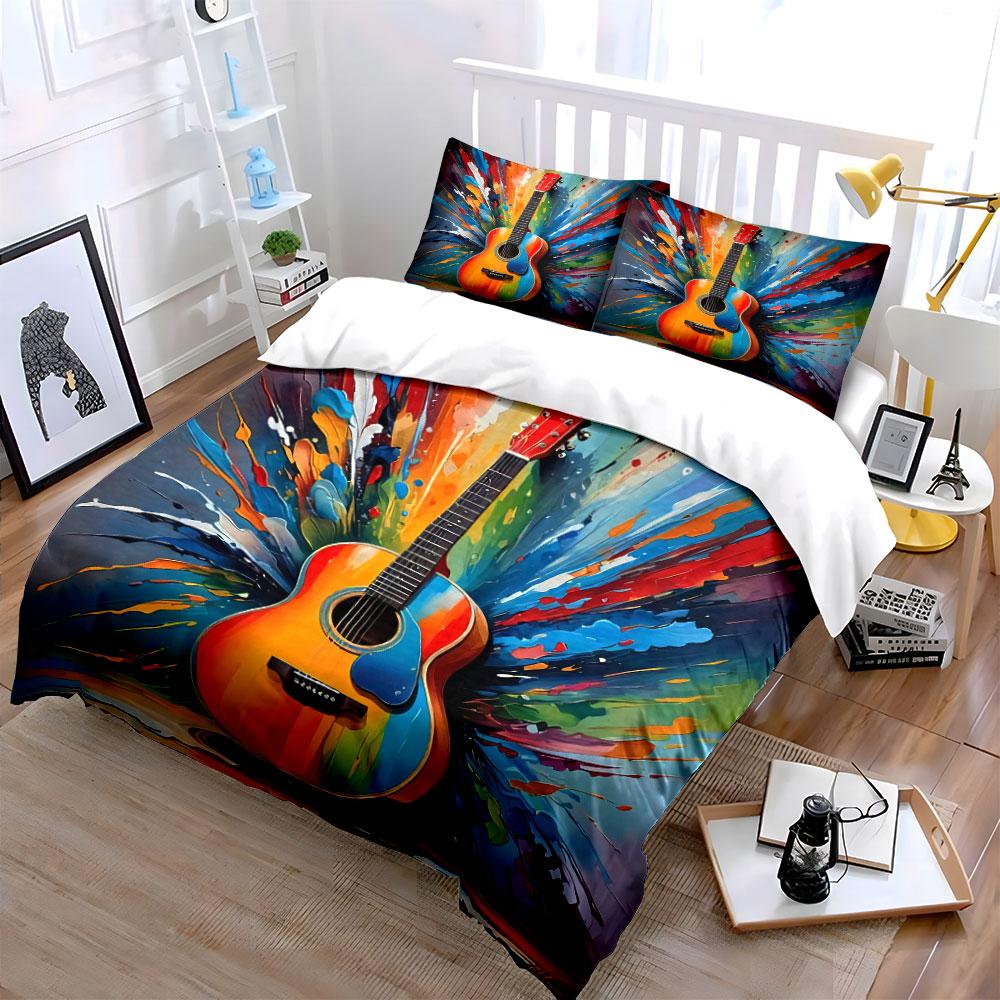 Colorful Guitar Art Decor Set Soft Skin-Friendly Bedding Set Includes 1 Duvet Cover And 2 Pillowcase Gift