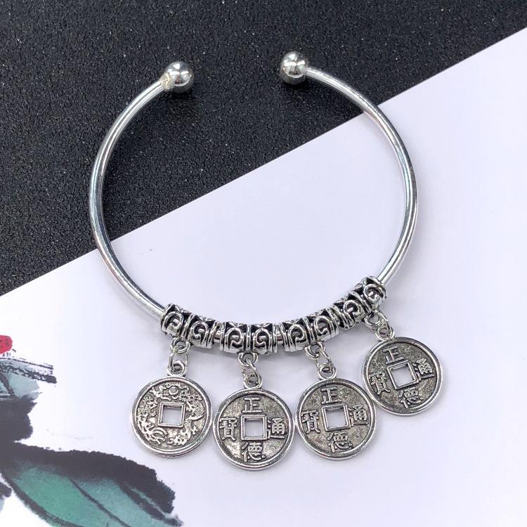 Retro Ethnic Style Tibetan Silver Bracelet Women's Versatile Fashion Bell Flower Pendant Adjustable Bracelet with Accessories