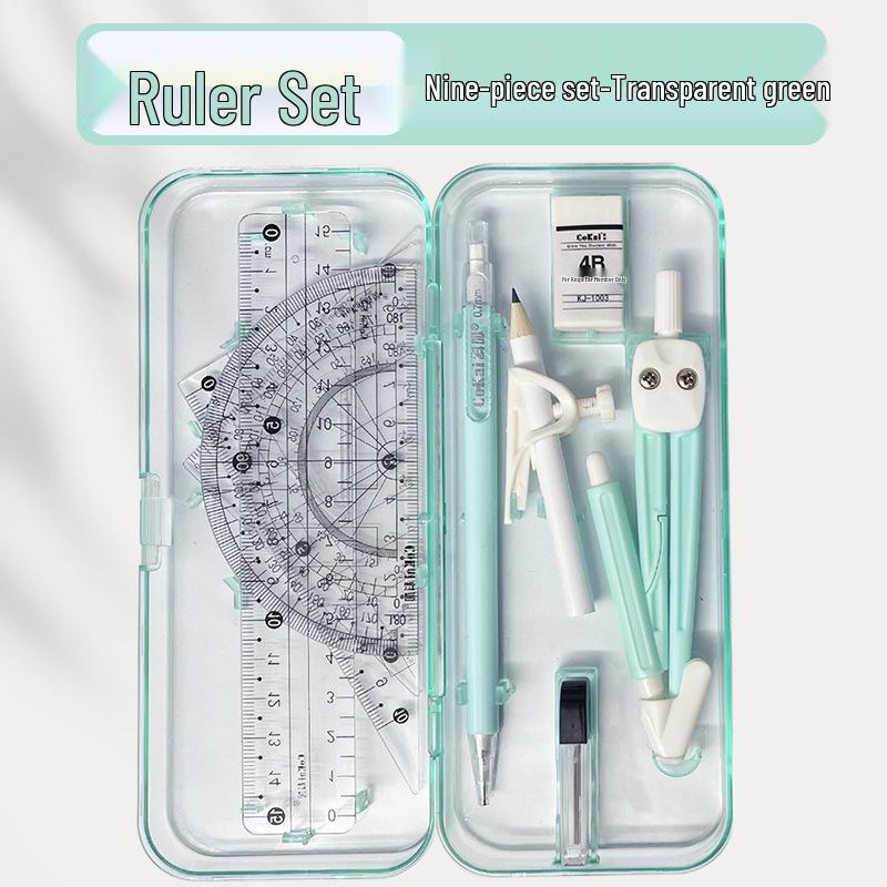 Набор геометрии из 9 предметов для школы: Компас, Транспортир, Линейка, Угольник и другое