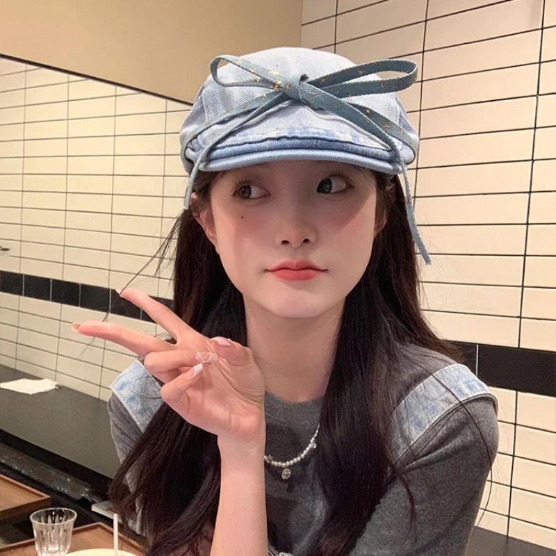 Vantage Original Bow Forward Hats для женщин Y2k 2024 Весна и лето Новые универсальные дорожные солнцезащитные ретро-береты из денима